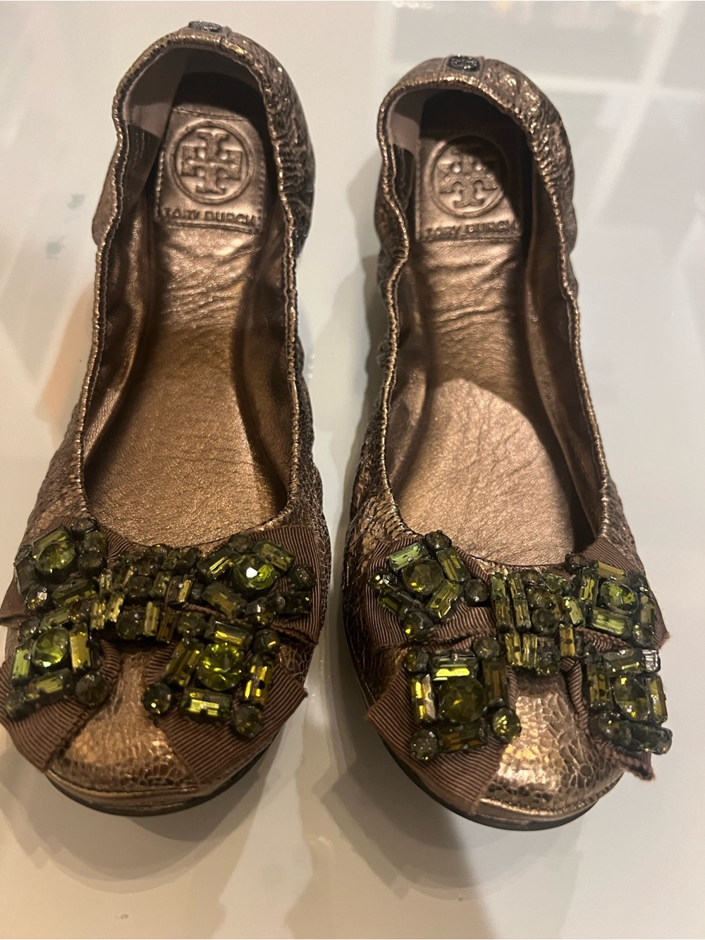 Tory Burch Bronze Leather Jeweled Ballet Flats with Olive-Green Embellishment
